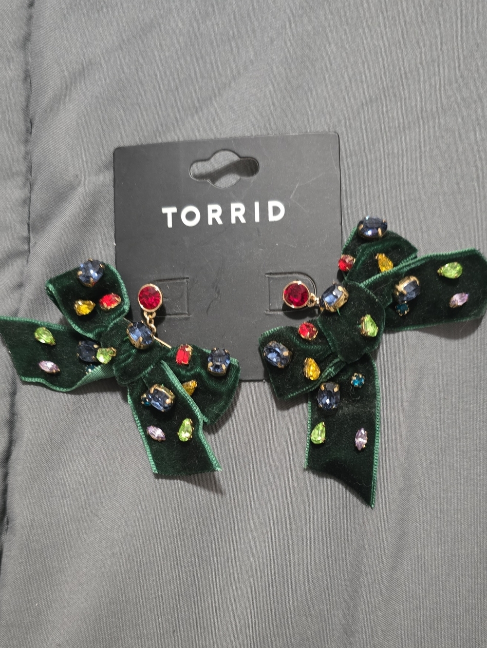 torrid Dark Green Velvet Bow Earrings with Multicolored Gemstones